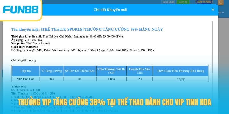 Thưởng VIP tăng cường 38% tại thể thao dành cho VIP tinh hoa